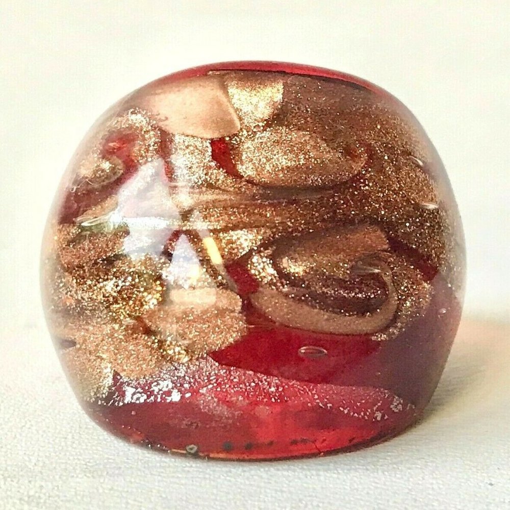 Vintage Murano Art Glass Dome Cocktail Ring Size 7 Red Copper Silver Statement